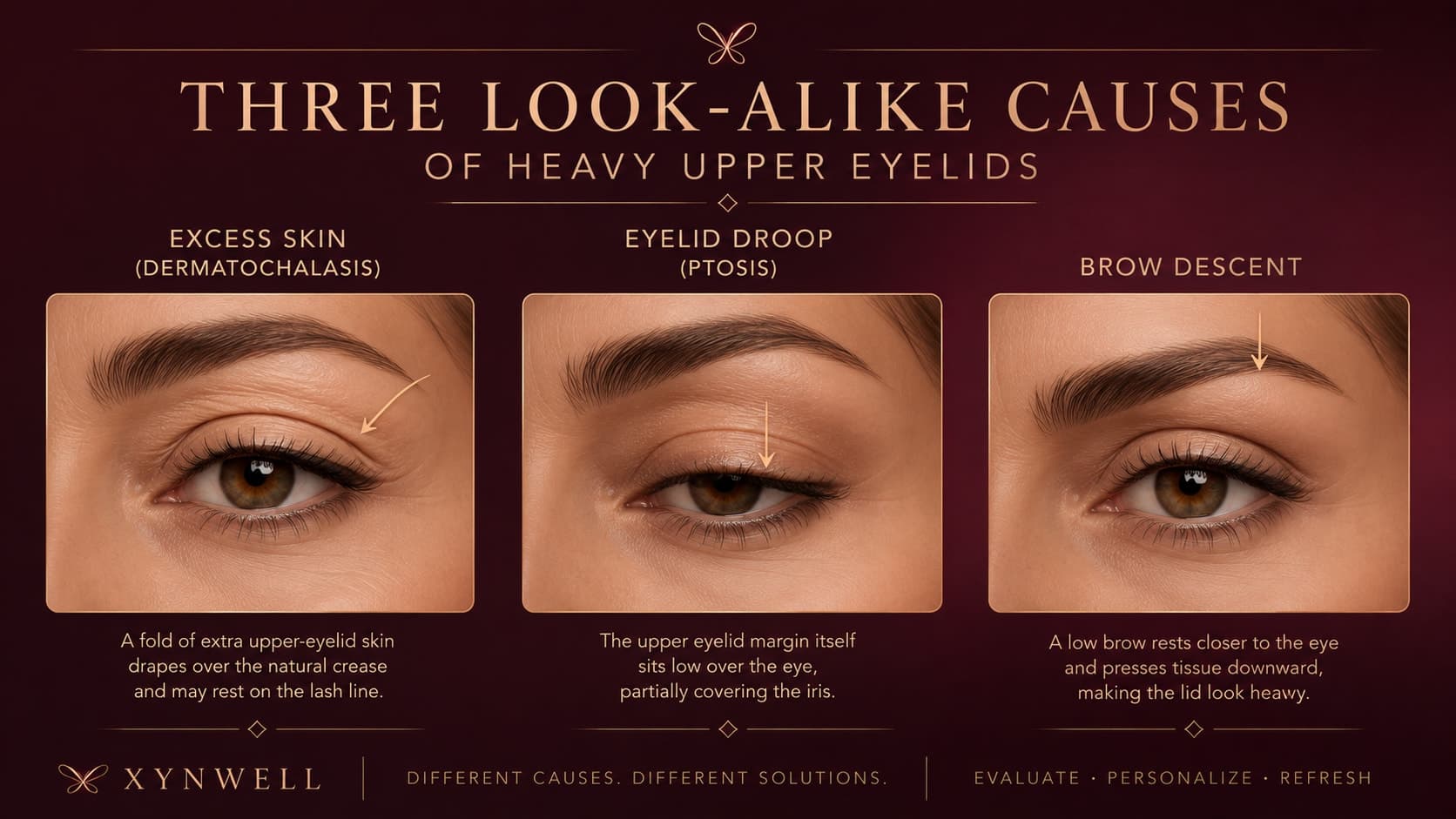 Infographic titled Three Look-Alike Causes of Heavy Upper Eyelids, comparing excess upper-eyelid skin (dermatochalasis) folding over the crease, true eyelid droop (ptosis) with a low eyelid margin, and brow descent pressing tissue downward over a normal eyelid.